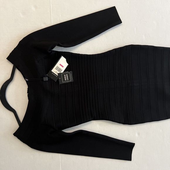 HERVE LEGER Black BANDAGE Zip-Up STRETCH RIB KNIT Bodycon MINI DRESS Sz L - Picture 8 of 12